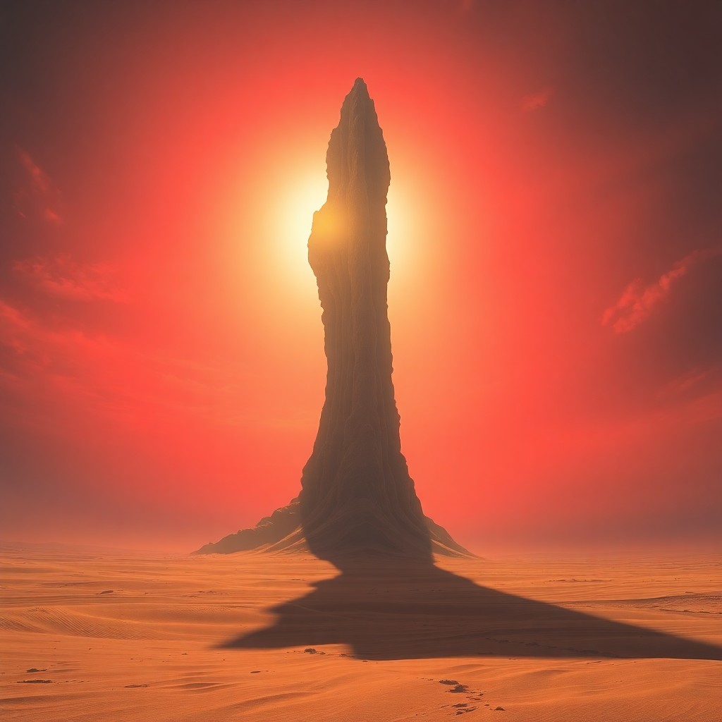 AI generated art for prompt: A surreal digital artwork depicting an expansive desert landscape, featuring a colossal tower remini