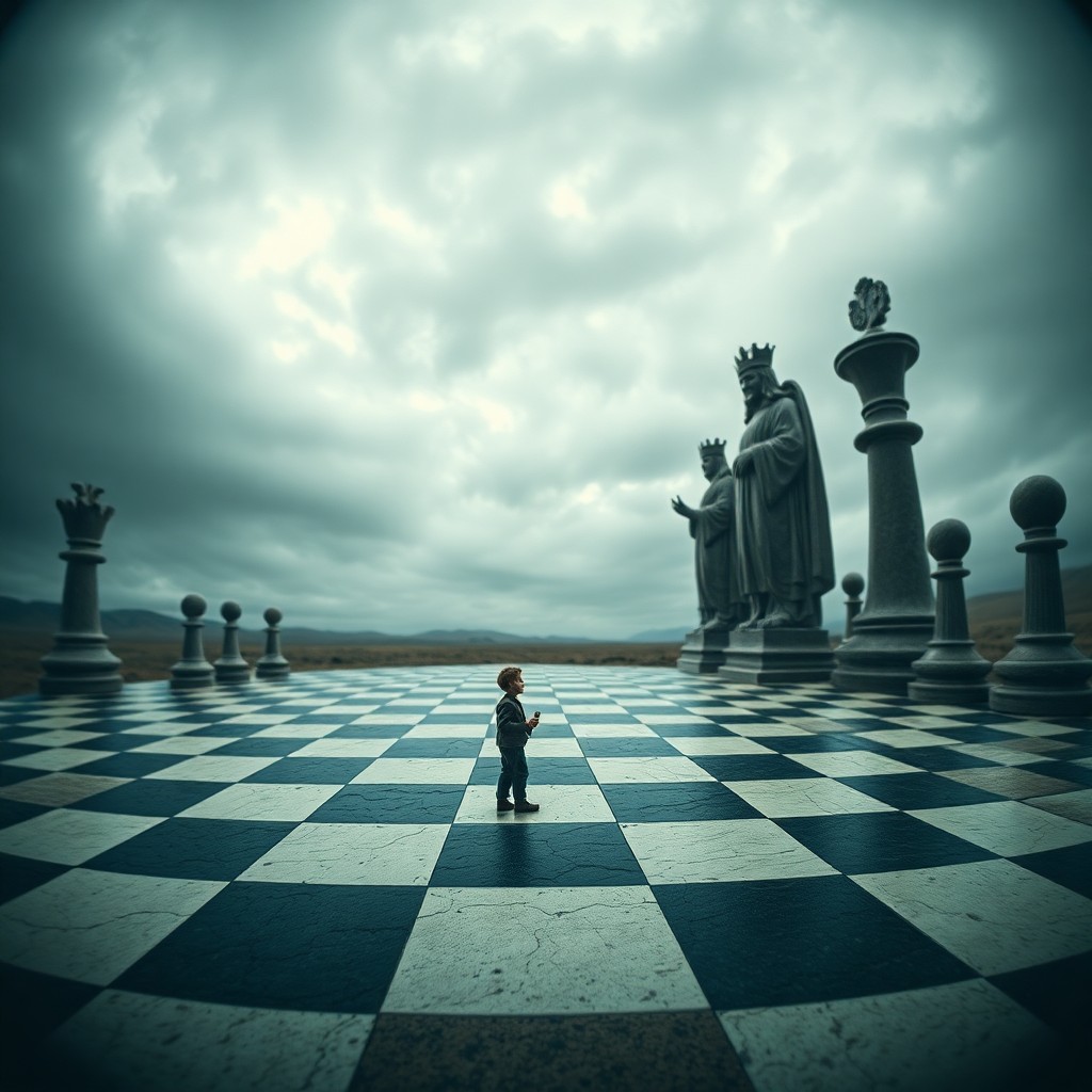 AI generated art for prompt: A surreal digital artwork depicts an expansive chessboard stretched across a desolate expanse under 