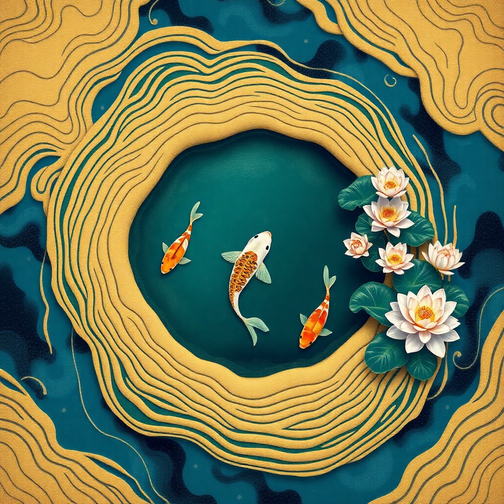 AI generated art for prompt: Craft an image showcasing a tranquil Zen garden with a koi pond at its center, reminiscent of Hokusa