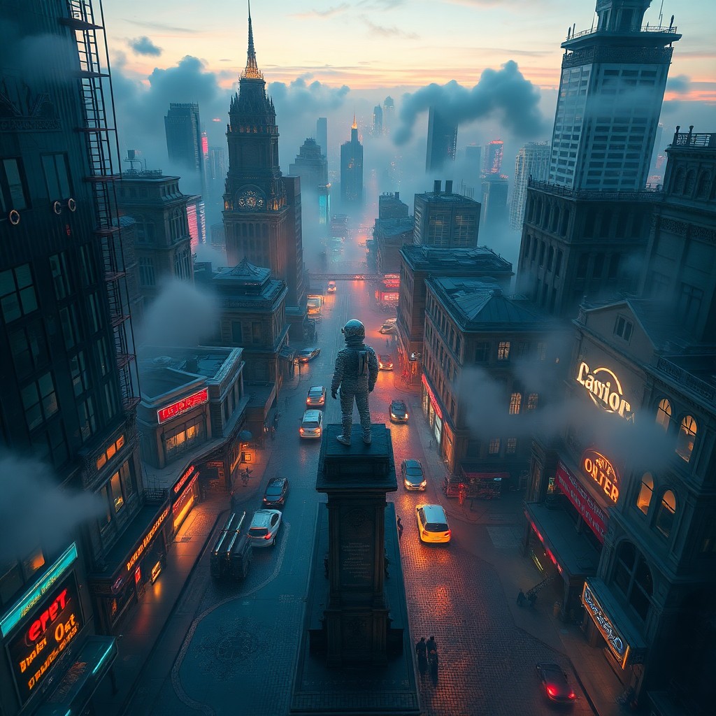 AI generated art for prompt: A surreal digital painting depicting a futuristic cityscape at dusk, reminiscent of melting timepiec