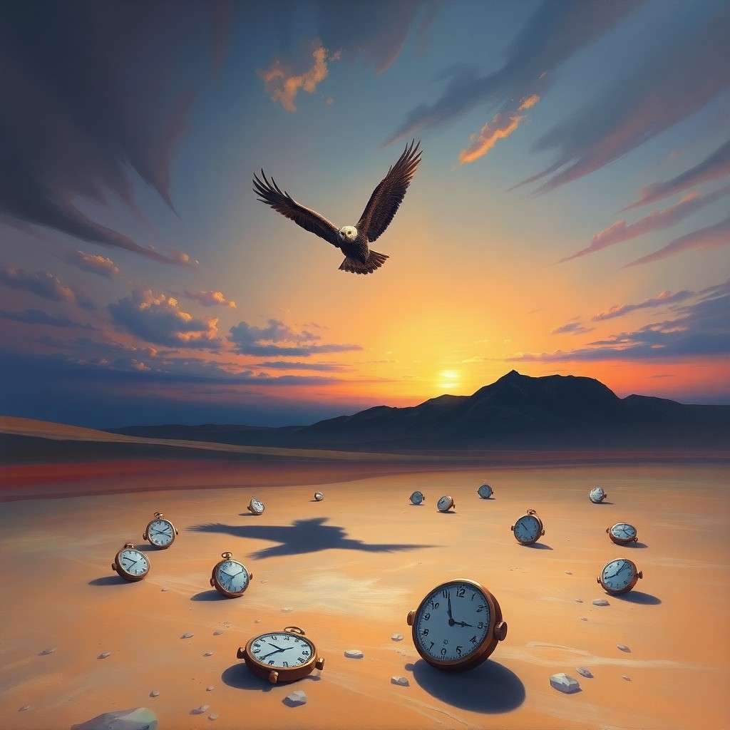 AI generated art for prompt: A surreal oil painting captures a desert landscape under a vast sky where a majestic eagle soars, it