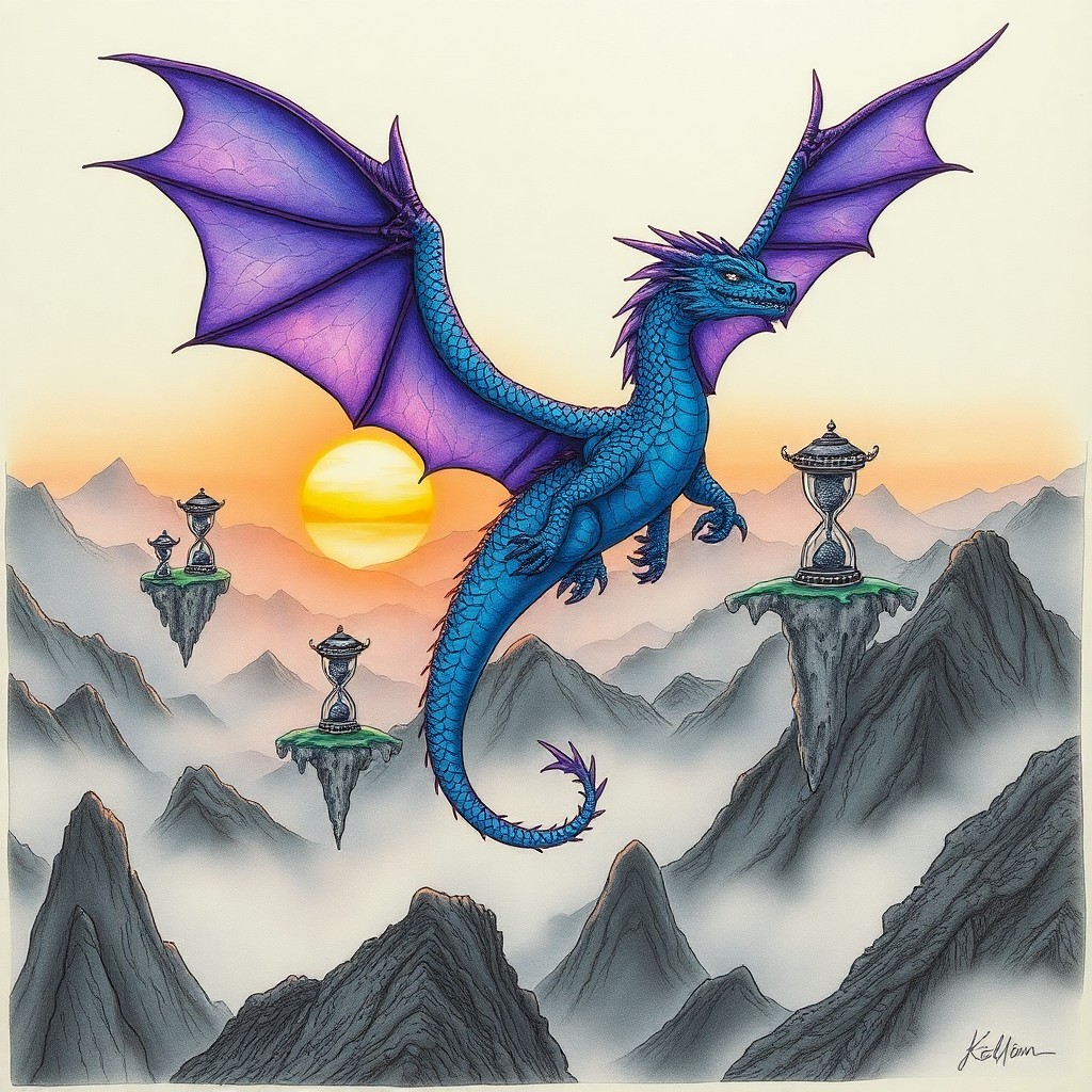 AI generated art for prompt: A majestic dragon with iridescent scales in shades of blue and purple emerges from an intricate ink 