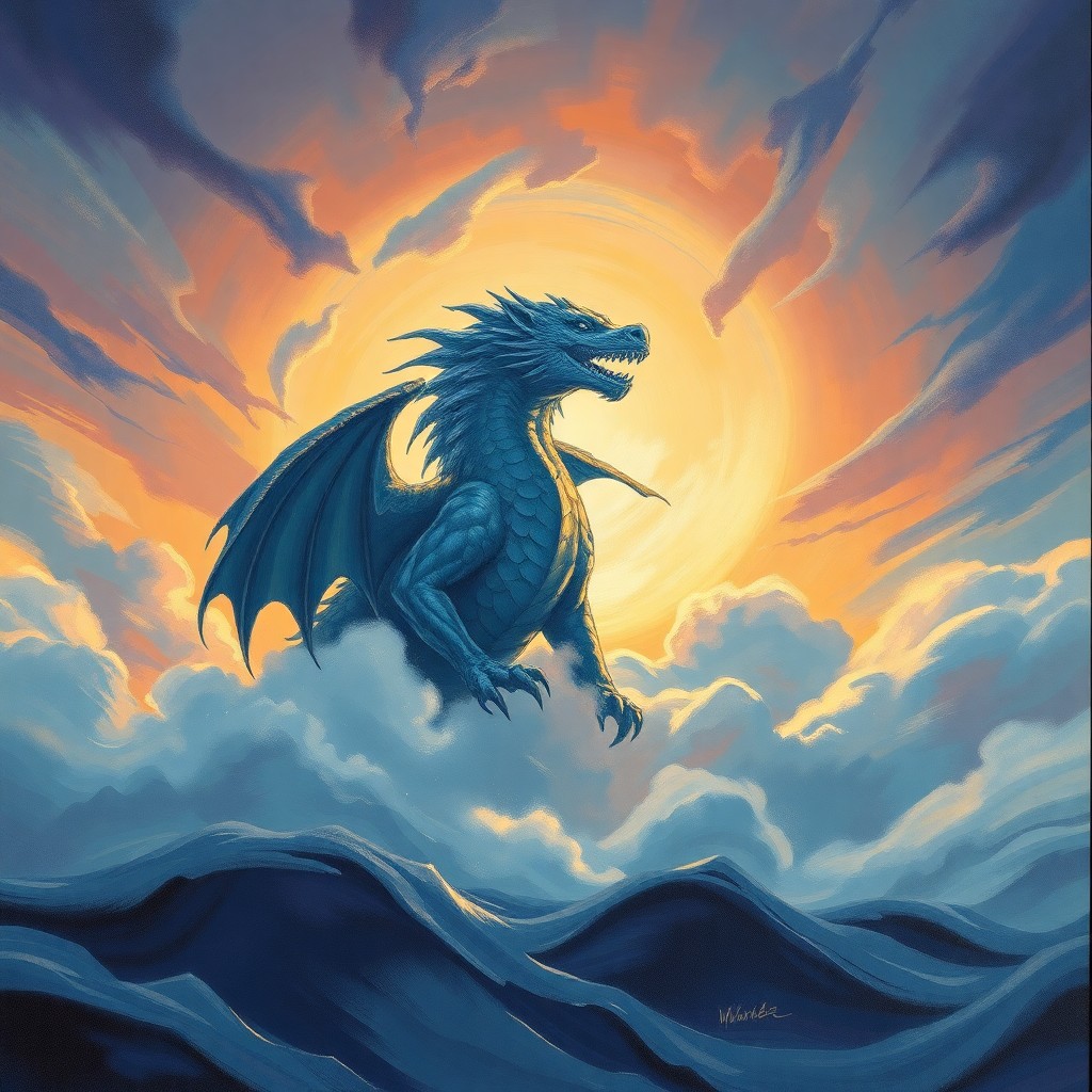 AI generated art for prompt: A majestic mythical creature ascends through an atmospheric twilight sky, its form captured in the i