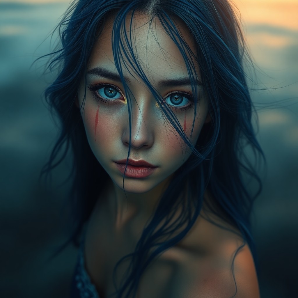 AI generated art for prompt: Visualize an alluring digital art portrait of a young woman with deep blue hair flowing like streams