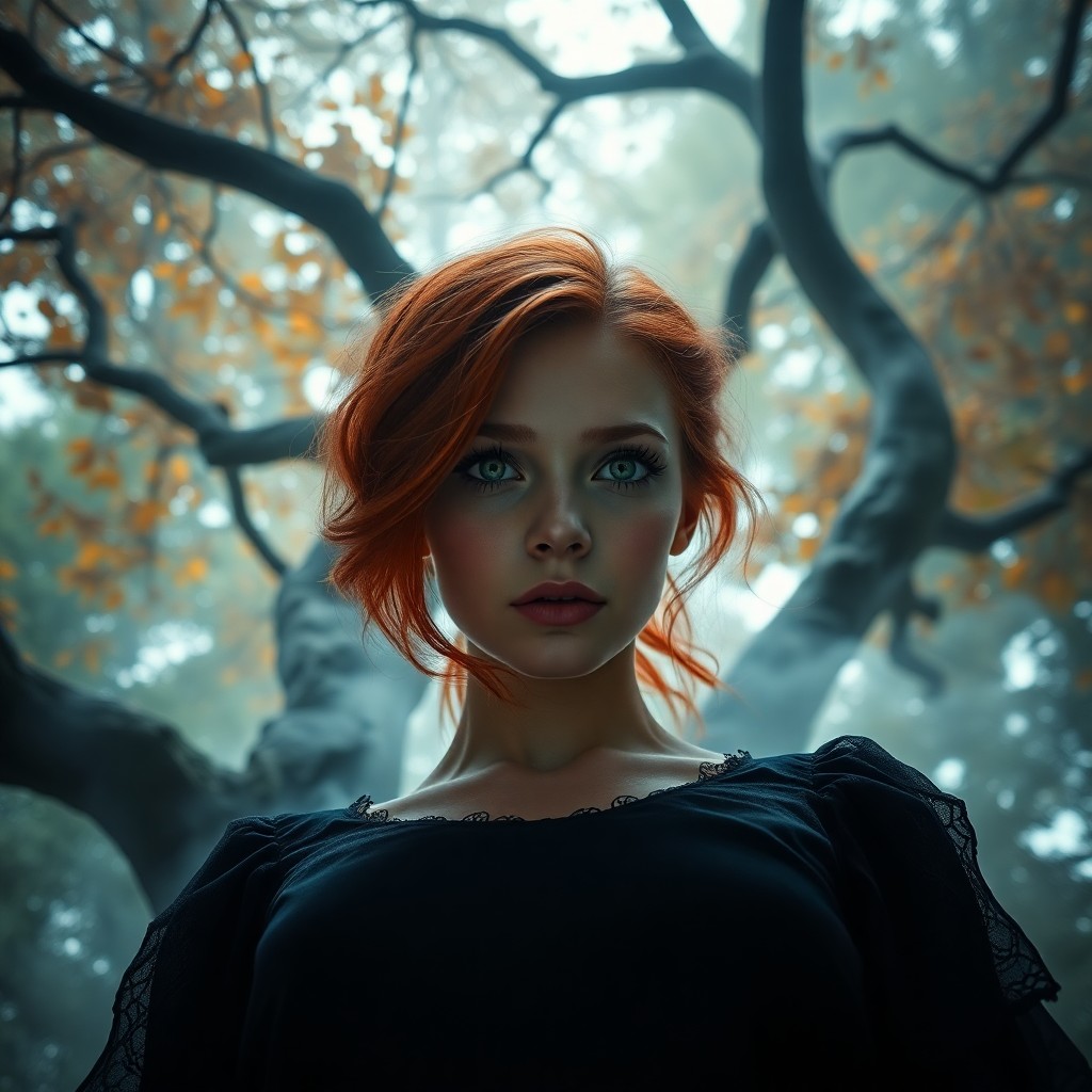 AI generated art for prompt: An enigmatic female figure with lustrous red hair is portrayed in an enchanting setting where the li