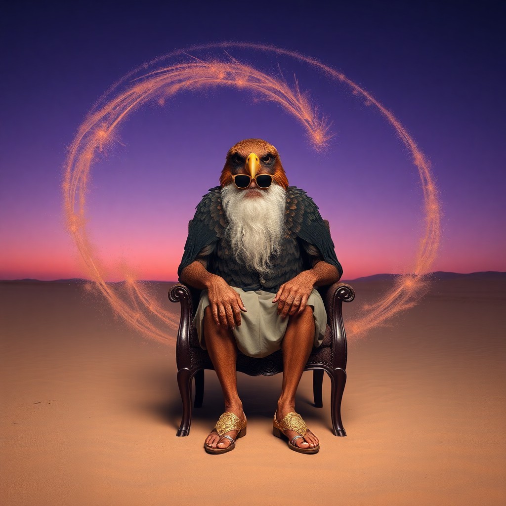 AI generated art for prompt: An enigmatic chimeric creature with the upper body of an eagle and lower body of a wise old man sits