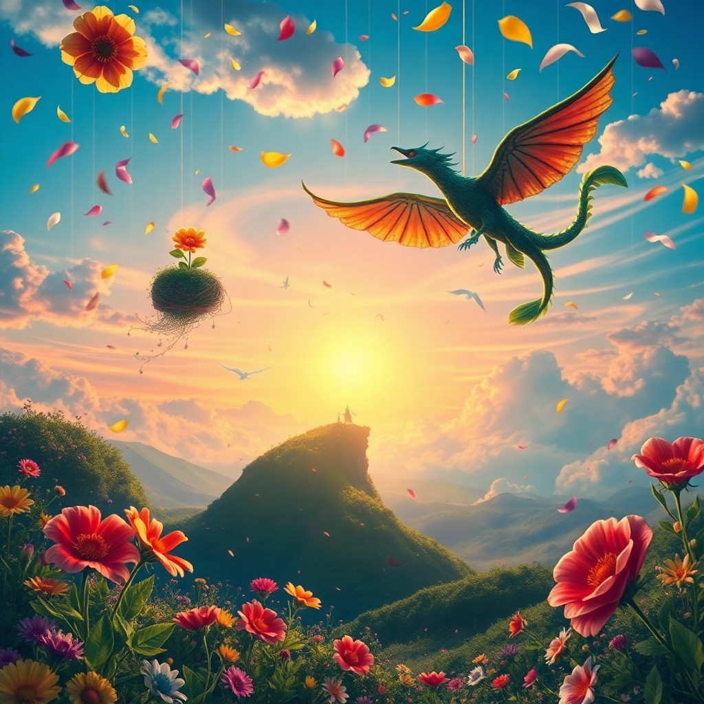 AI generated art for prompt: A mesmerizing digital artwork captures a whimsical scene where gravity defies logic as vibrant flowe