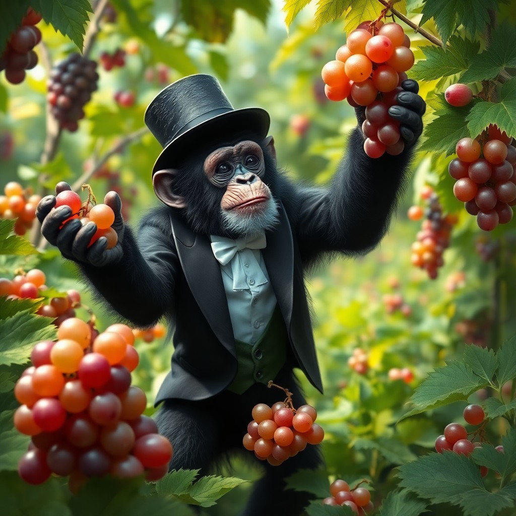 AI generated art for prompt: A charming digital art composition portraying an impish chimpanzee adorned in a dapper top hat and t