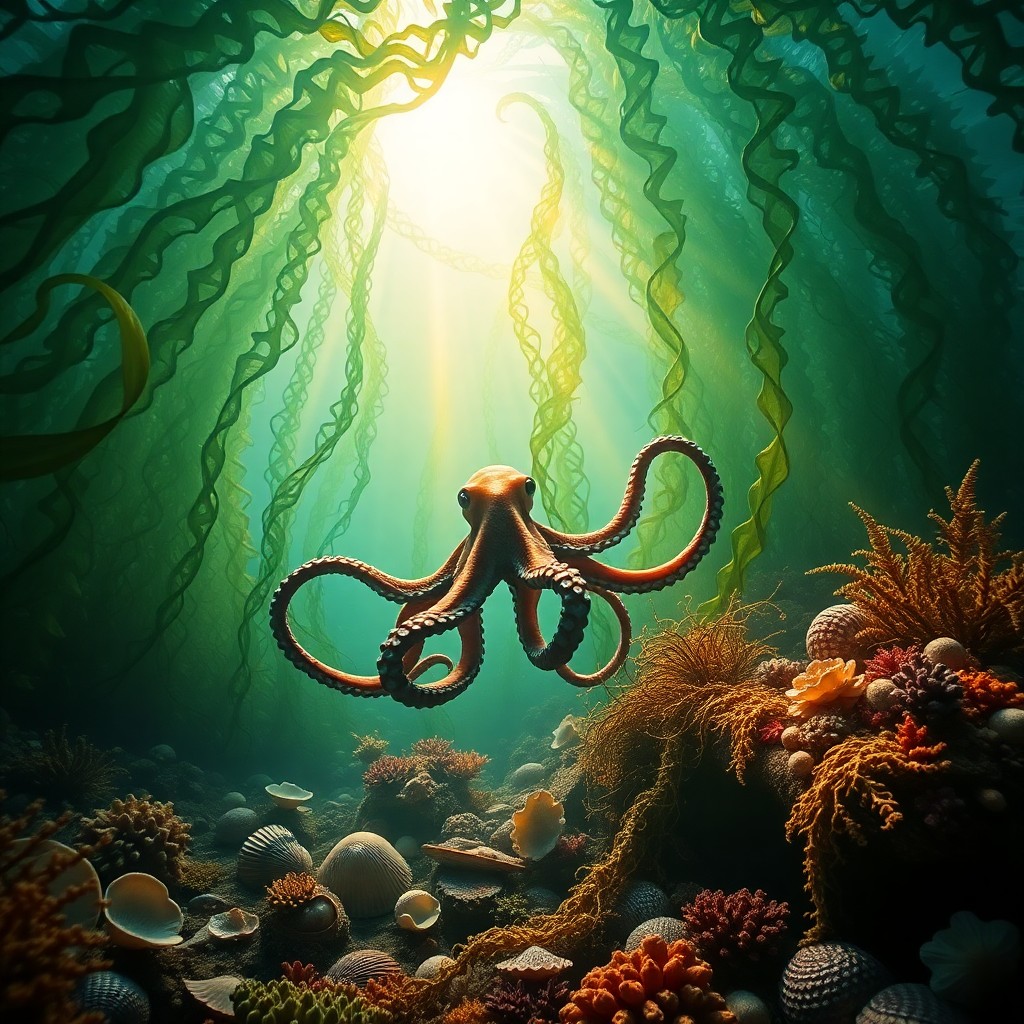 AI generated art for prompt: A mesmerizing underwater landscape viewed from an inquisitive octopus's point of view, gracefully na