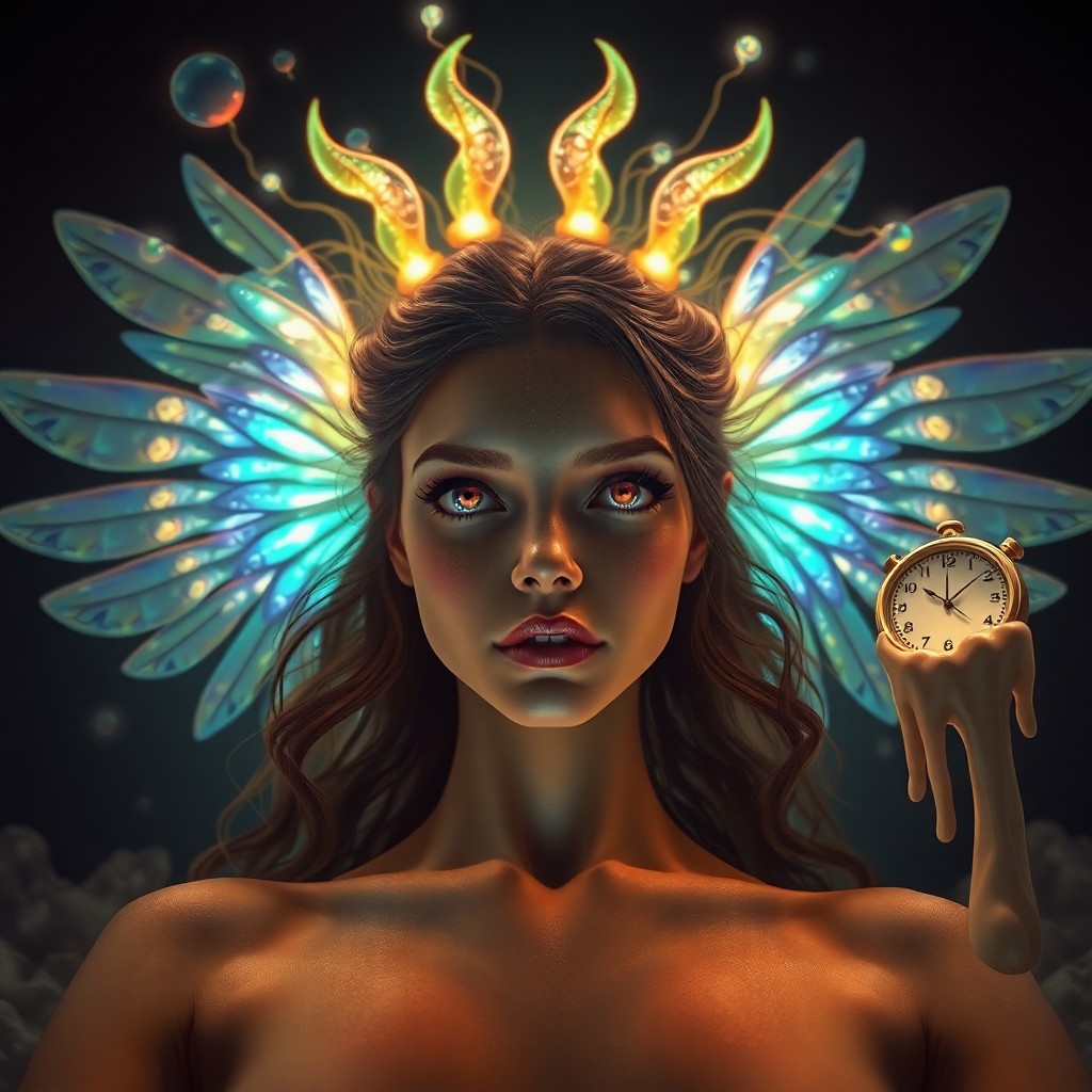 AI generated art for prompt: An enigmatic portrait in surrealistic style showcases an alluring female figure with iridescent wing