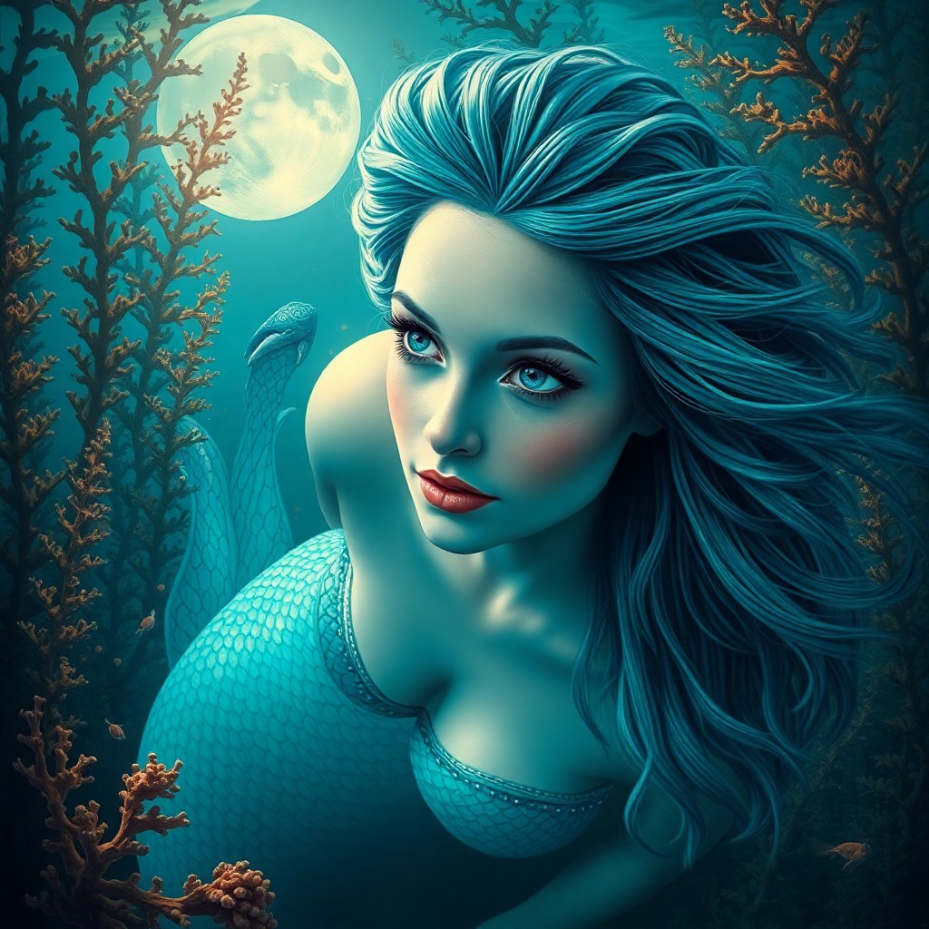 AI generated art for prompt: A captivating portrait depicting an alluring mermaid, rendered in the dreamlike style reminiscent of