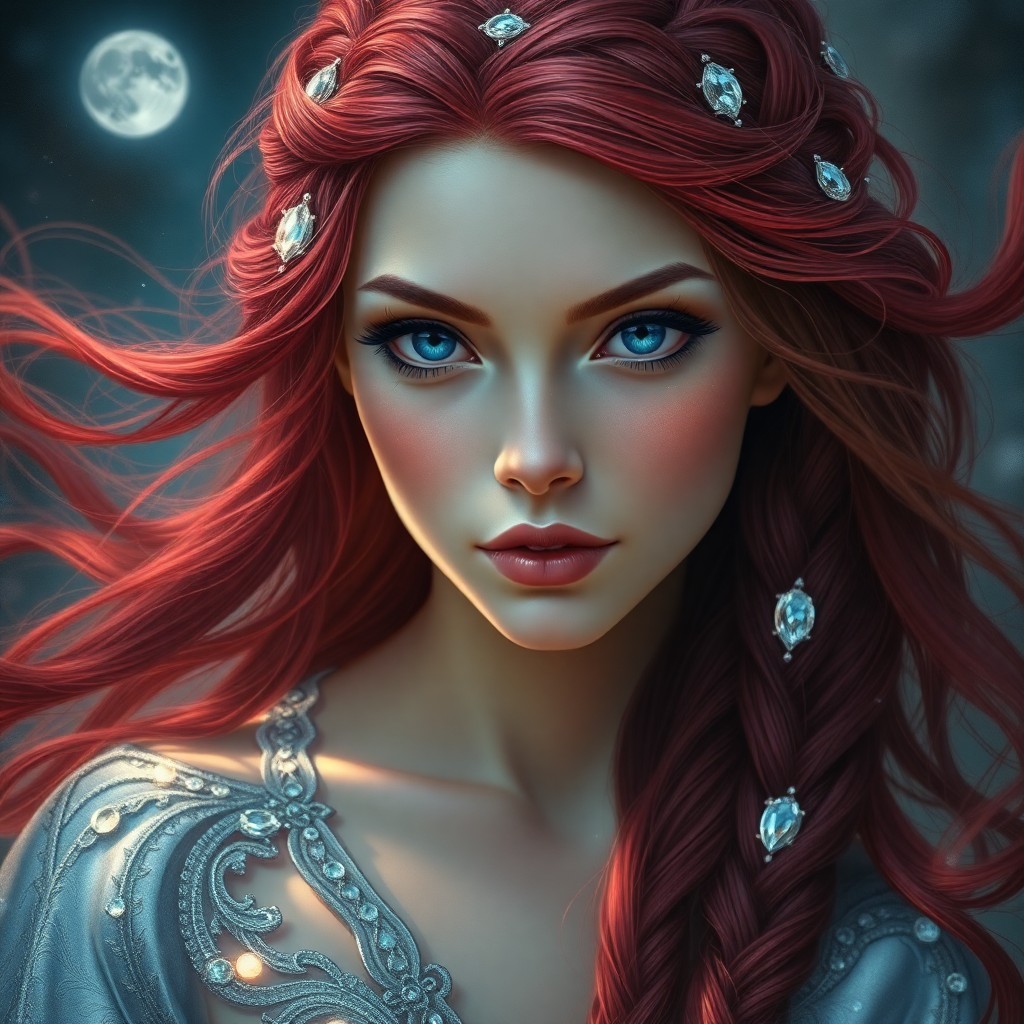 AI generated art for prompt: A captivating portrait of an enigmatic woman with mesmerizing sapphire eyes and flowing crimson hair