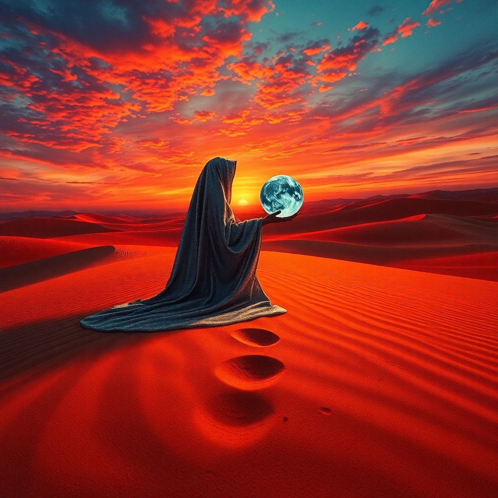 AI generated art for prompt: An otherworldly desert landscape, reminiscent of Salvador Dali's dreamscapes, features an enigmatic 