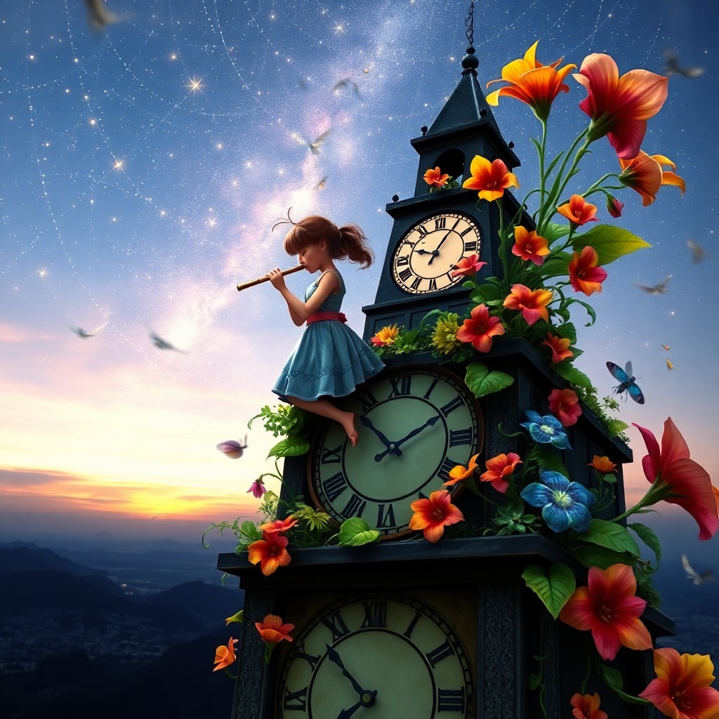 AI generated art for prompt: A whimsical digital art scene captures a young girl playing an enchanted flute atop a grand clock fa