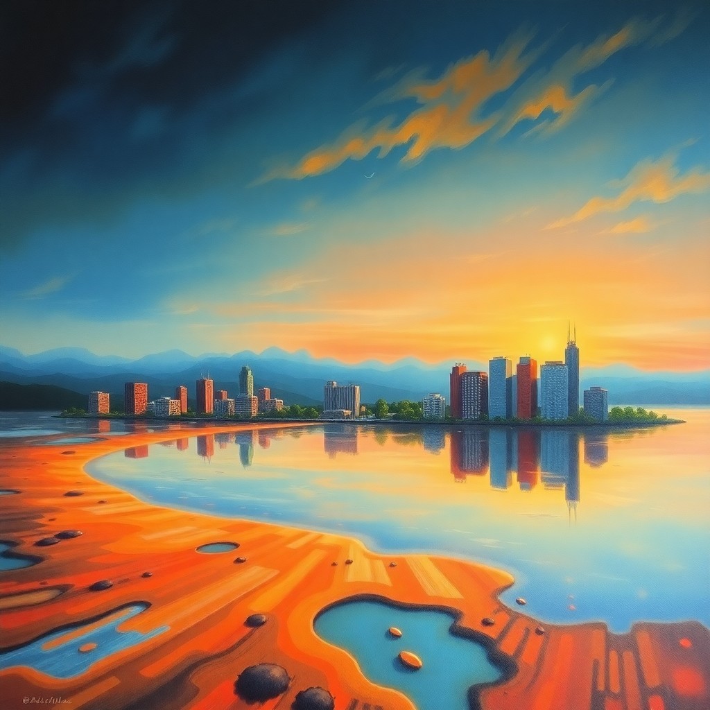 AI generated art for prompt: A surreal landscape painting portrays an ethereal lake reflecting a distorted cityscape at dawn from