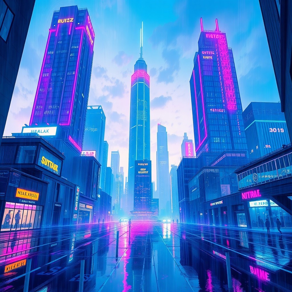 AI generated art for prompt: A futuristic impressionist digital art piece captures a cybernetic cityscape at dusk from a low aeri