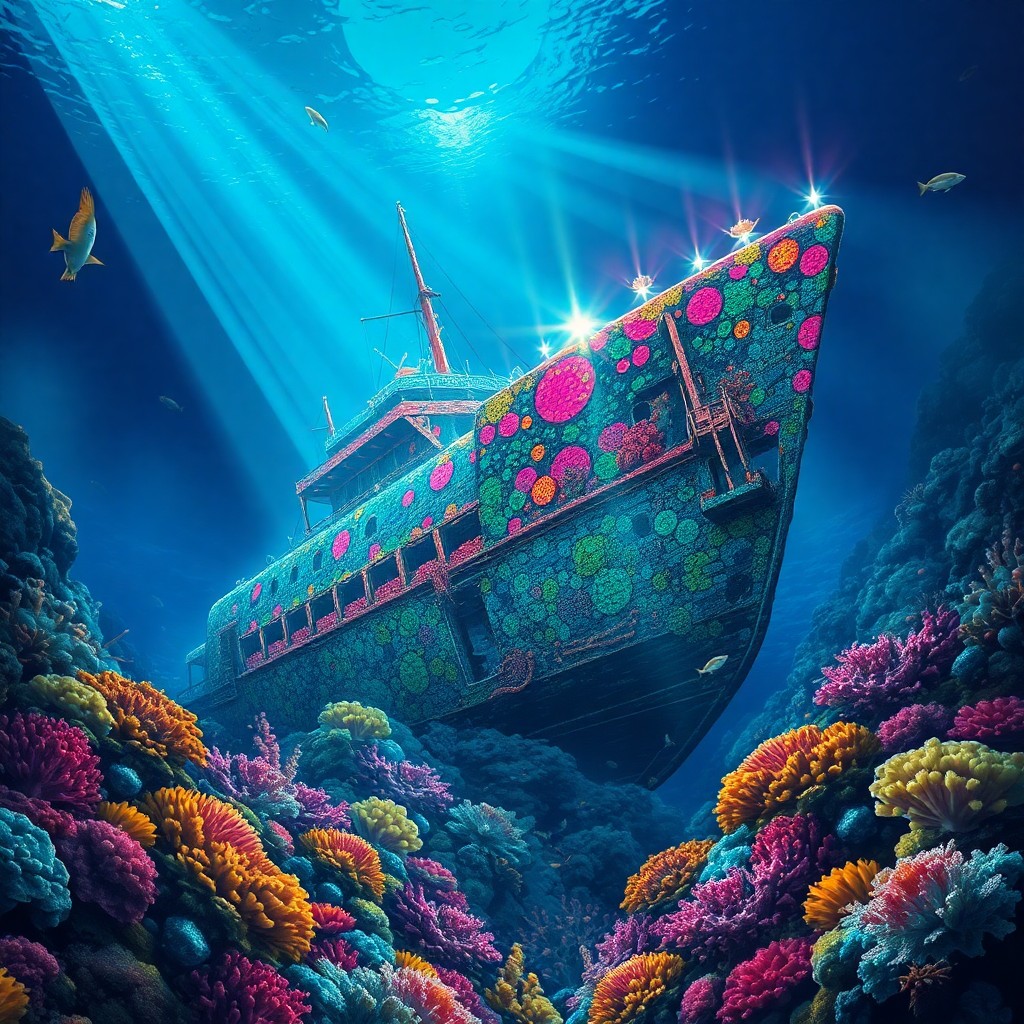 AI generated art for prompt: A surreal underwater scene merges the dreamlike illustrations with hyper-realistic style, revealing 