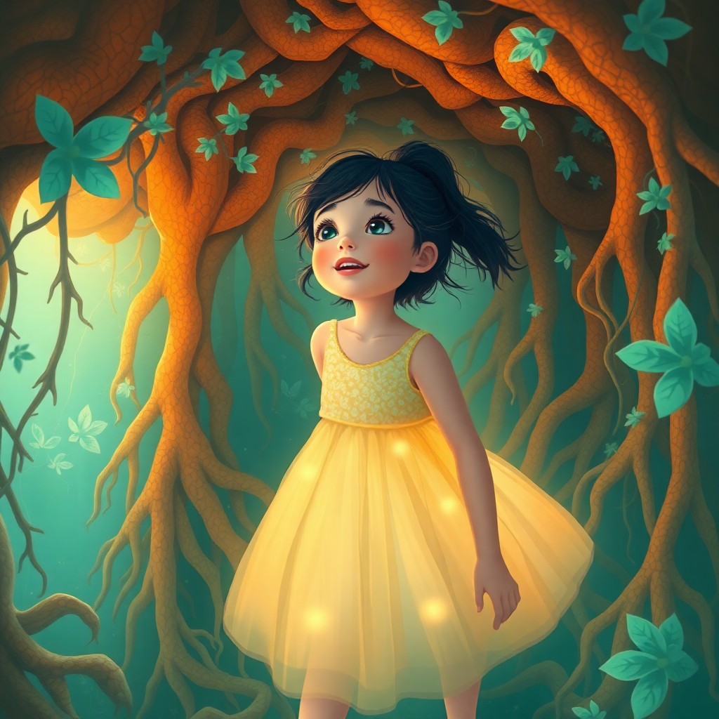 AI generated art for prompt: A digital artwork captures a young girl in awe as she stumbles upon an enchanted forest hidden benea