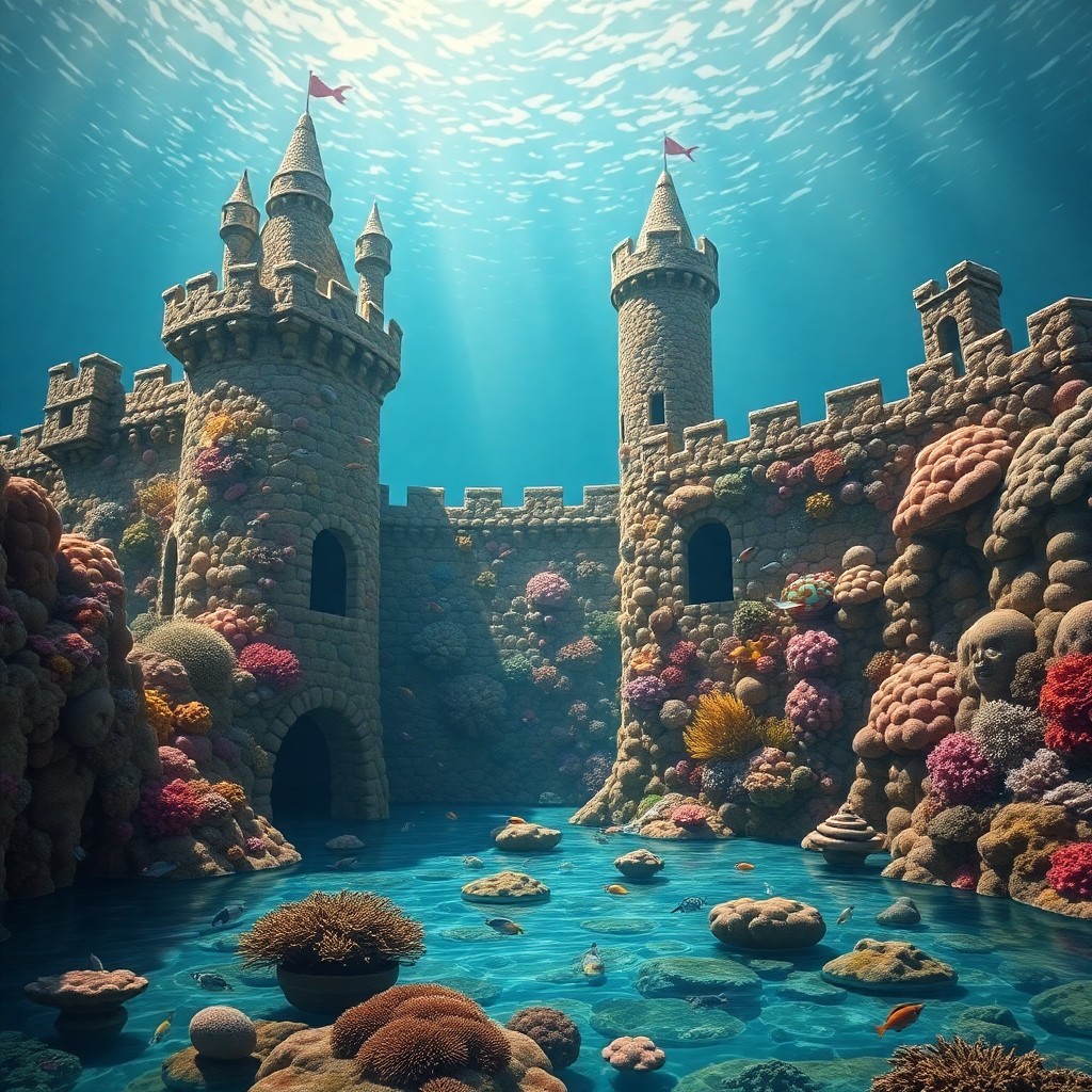 AI generated art for prompt: A tranquil aquatic environment reminiscent of Giuseppe Arcimboldo's dreamlike landscapes features an