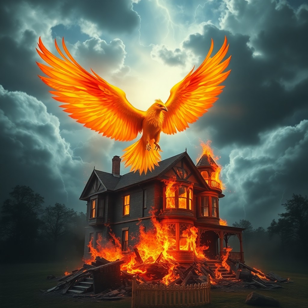 AI generated art for prompt: A surreal landscape portraying a phoenix rising from the ashes of a Victorian mansion, evoking a sen