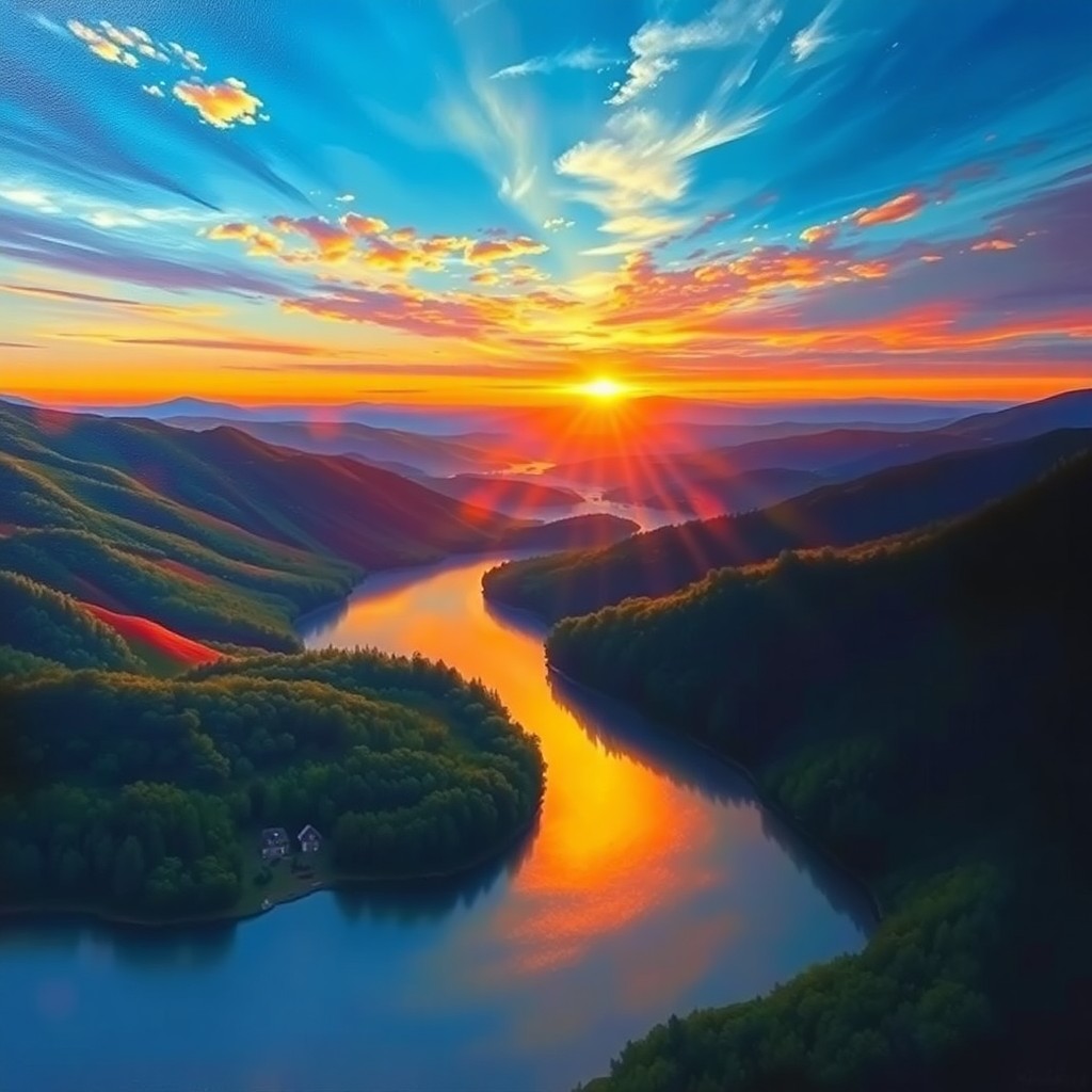 AI generated art for prompt: A mesmerizing oil painting captures an aerial view of a tranquil valley during golden hour, showcasi