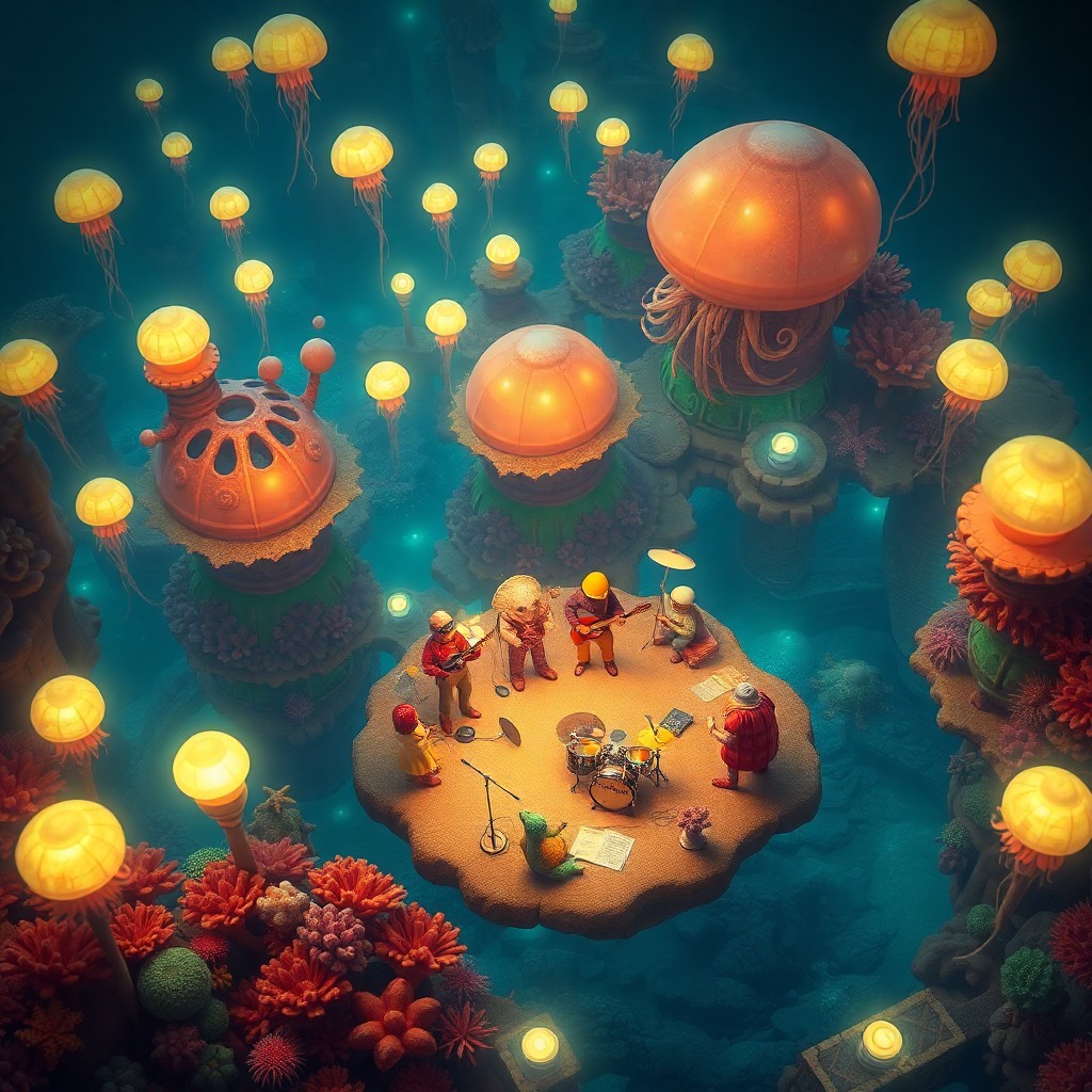 AI generated art for prompt: Craft an imaginative digital artwork showcasing an aerial view of a thriving underwater metropolis, 