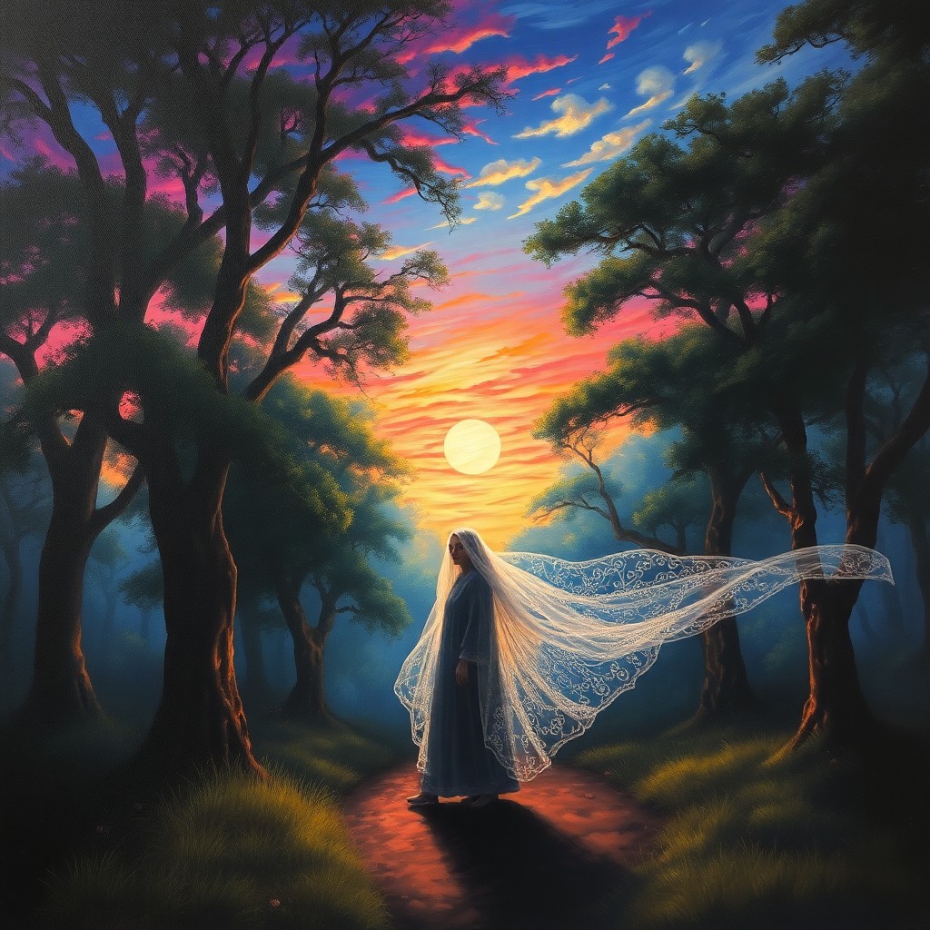 AI generated art for prompt: A captivating oil painting transports viewers into an enchanting twilight forest, where vibrant colo