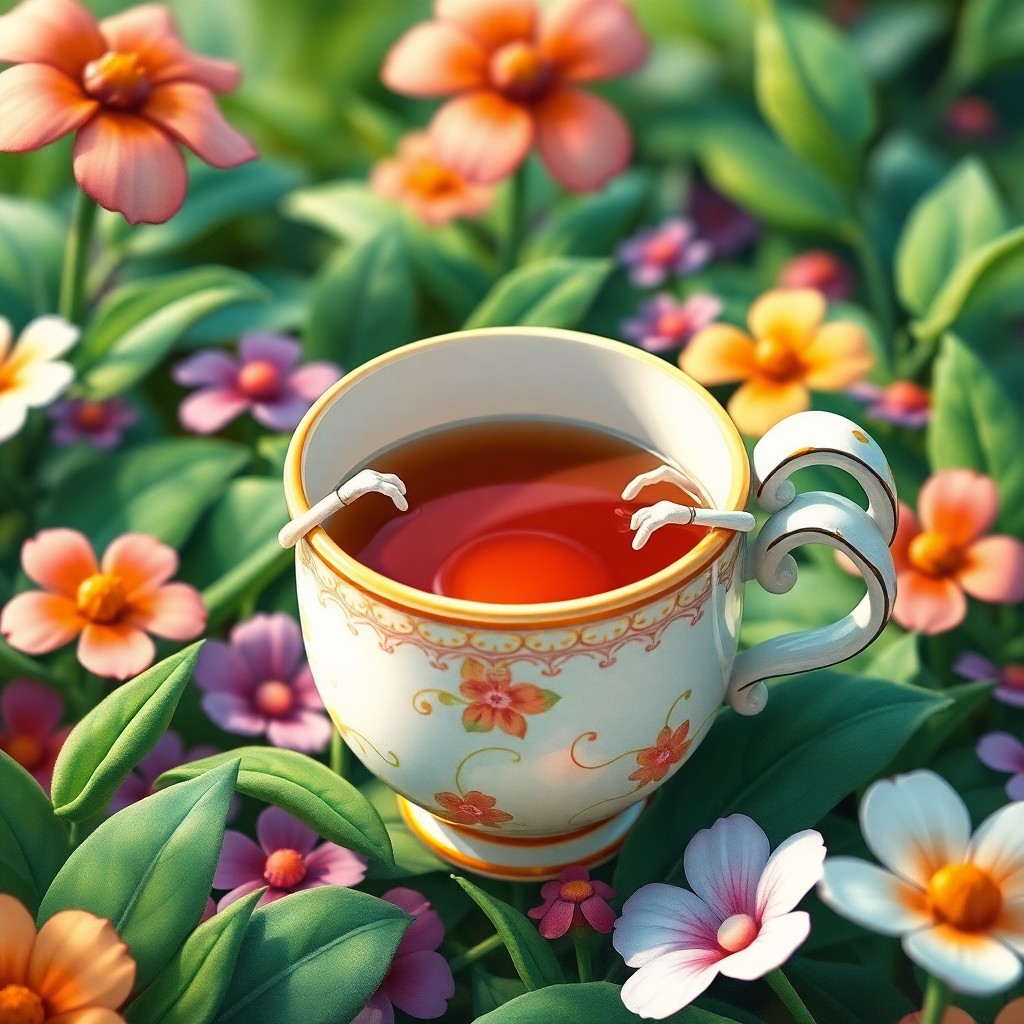 AI generated art for prompt: A whimsical illustration captures an enchanting porcelain teacup with a petite handle sprouting arms