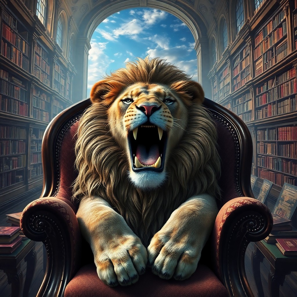 AI generated art for prompt: An enchanting scene showcases a regal lion composed entirely of books, reclining comfortably in an o