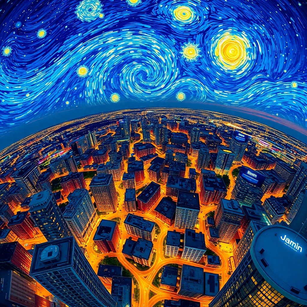 AI generated art for prompt: A sweeping digital masterpiece pays homage to Vincent van Gogh's iconic "Starry Night," merging an e