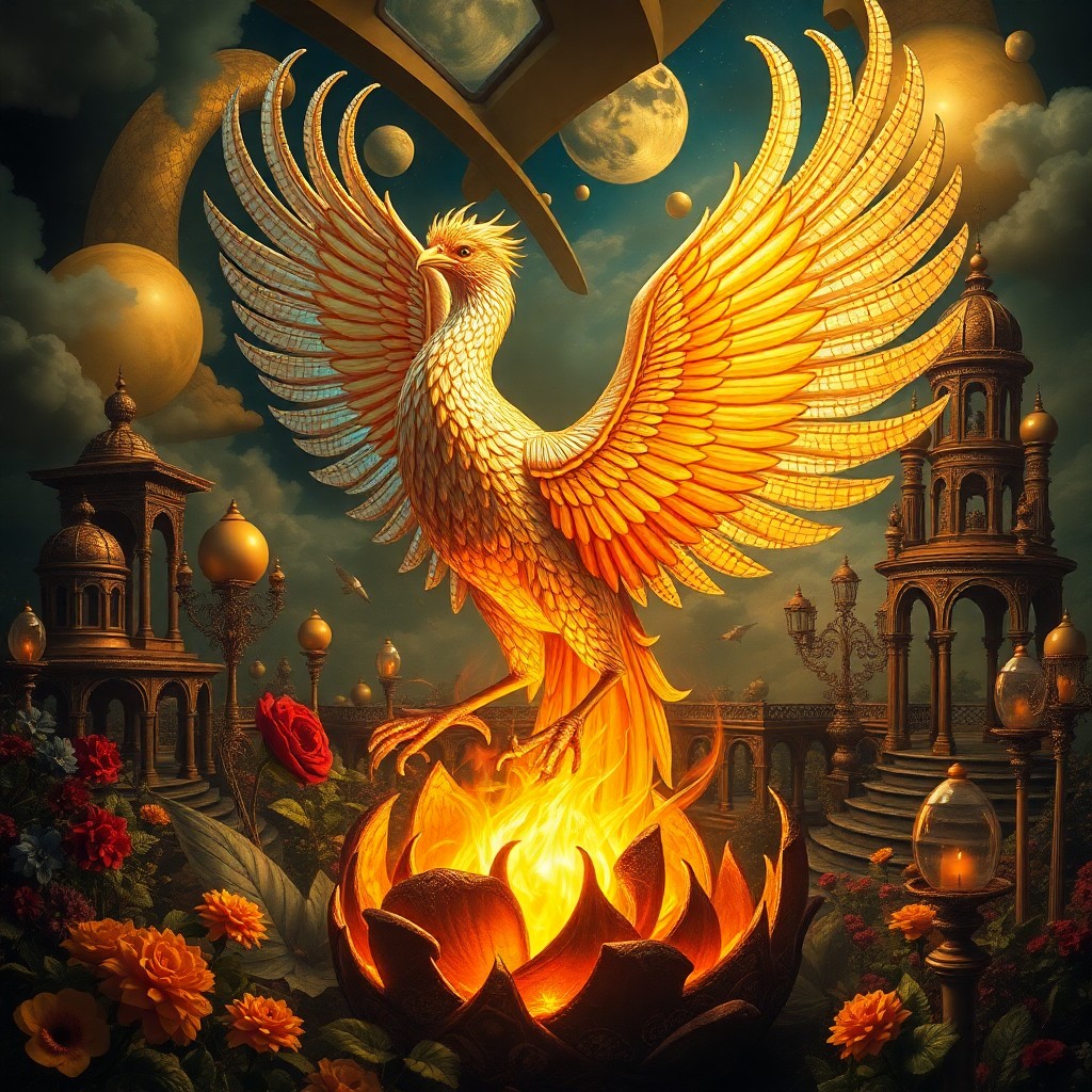 AI generated art for prompt: A mythical phoenix arises from its own ashes within an opulent, abstract garden landscape, reminisce