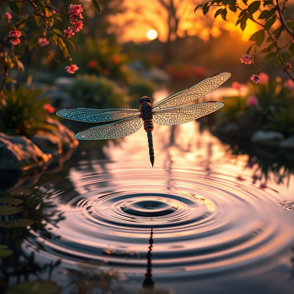 AI generated art for prompt: In an enchanting, surrealist-inspired garden, bathed in the warm hues of sunset, a majestic dragonfl