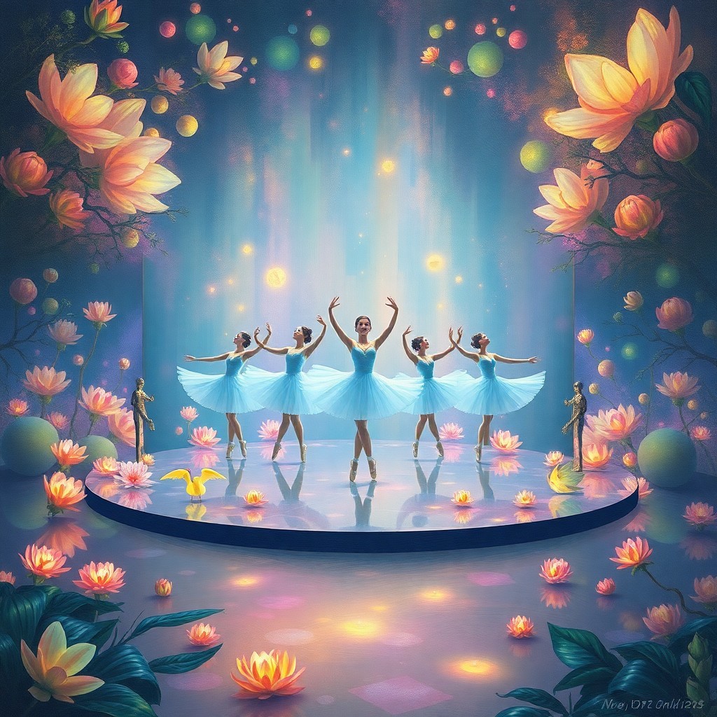 AI generated art for prompt: A surreal dreamscape emerges, portraying an otherworldly ballet performance within a levitating, mir