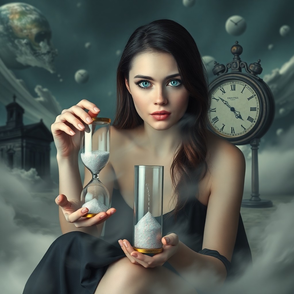 AI generated art for prompt: A surreal portrait captures a woman with mesmerizing blue eyes, reminiscent of melting clock-inspire