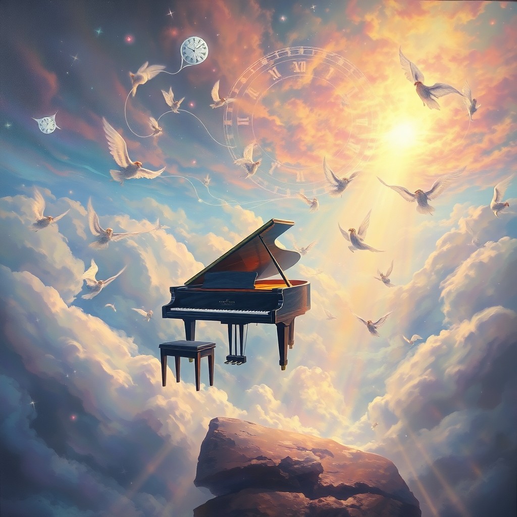 AI generated art for prompt: A mesmerizing dreamscape painting presents an ethereal scene where a grand piano defies gravity, sus