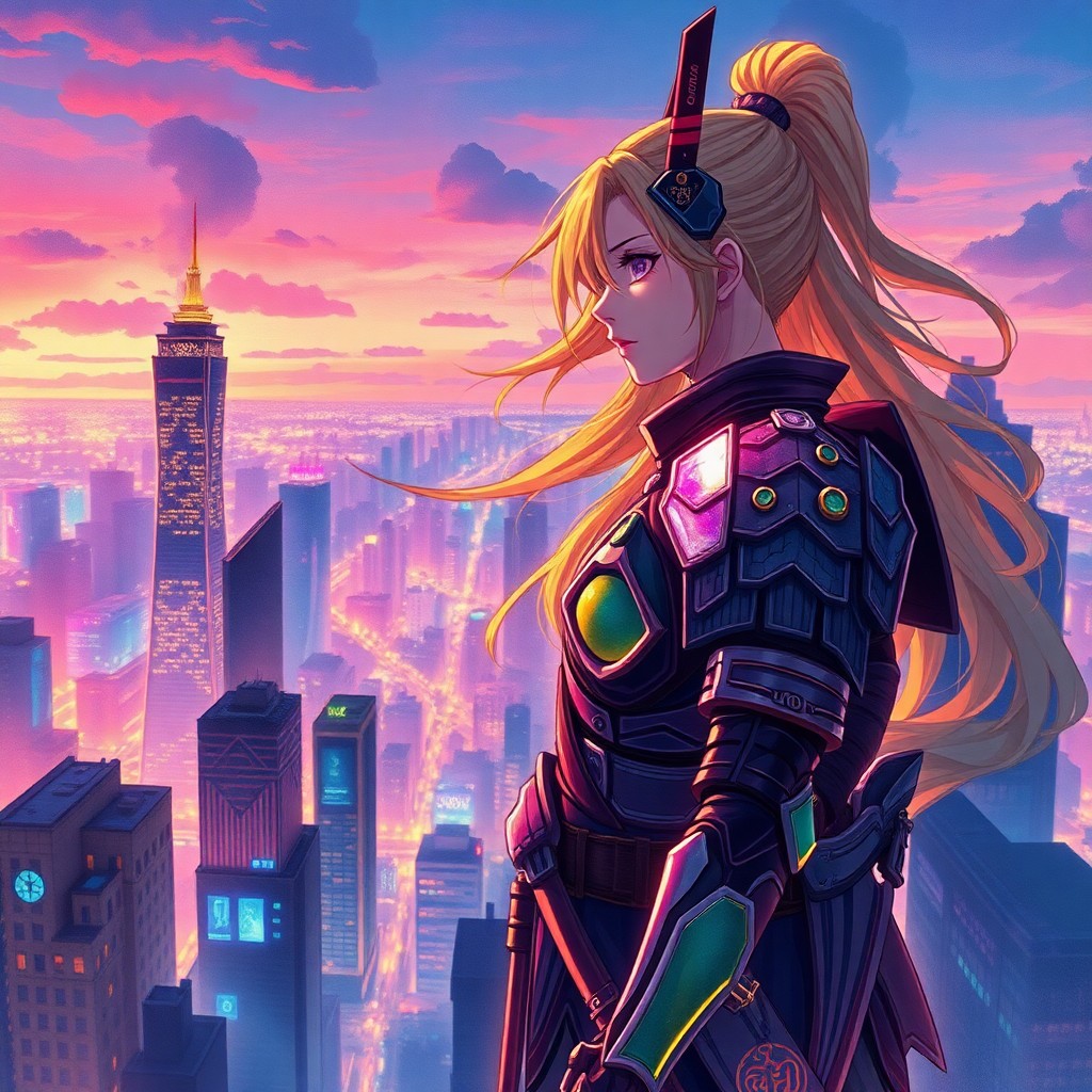 AI generated art for prompt: A captivating digital artwork showcases an urban landscape at twilight, embodying anime aesthetics w