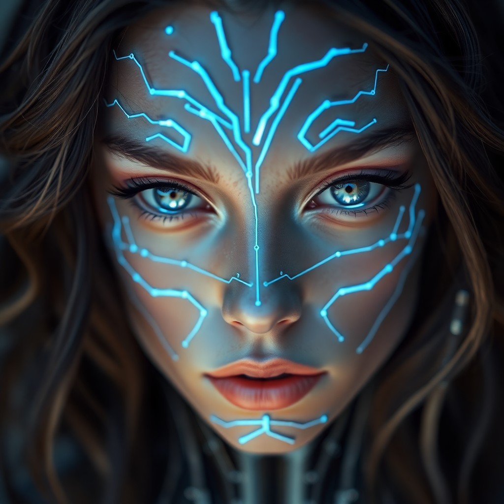 AI generated art for prompt: A striking close-up portrait showcases an enigmatic android female model with intricate, cybernetic 