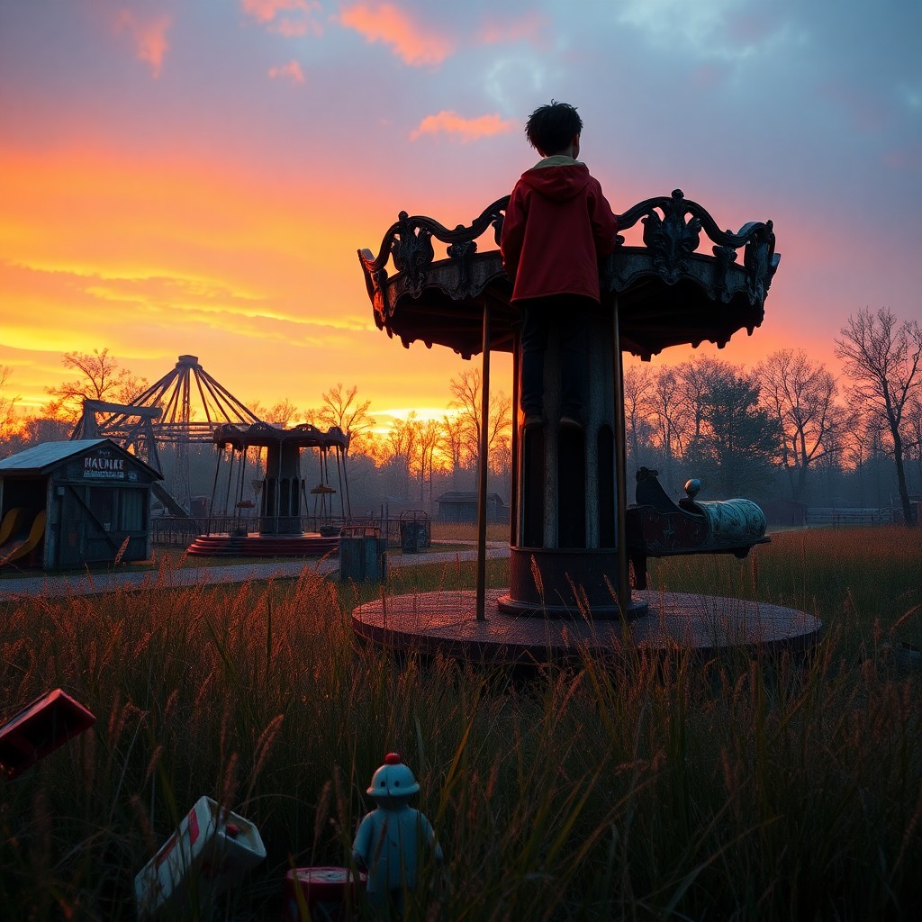 AI generated art for prompt: Imagine a dreamlike digital artwork capturing a solitary figure amidst an abandoned amusement park, 