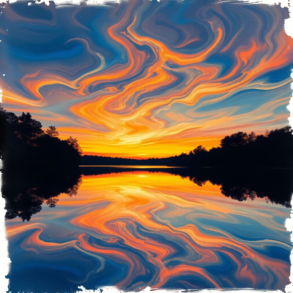 AI generated art for prompt: A tranquil lake reflects an alluring twilight sky, where celestial colors waltz amidst the dusk in a