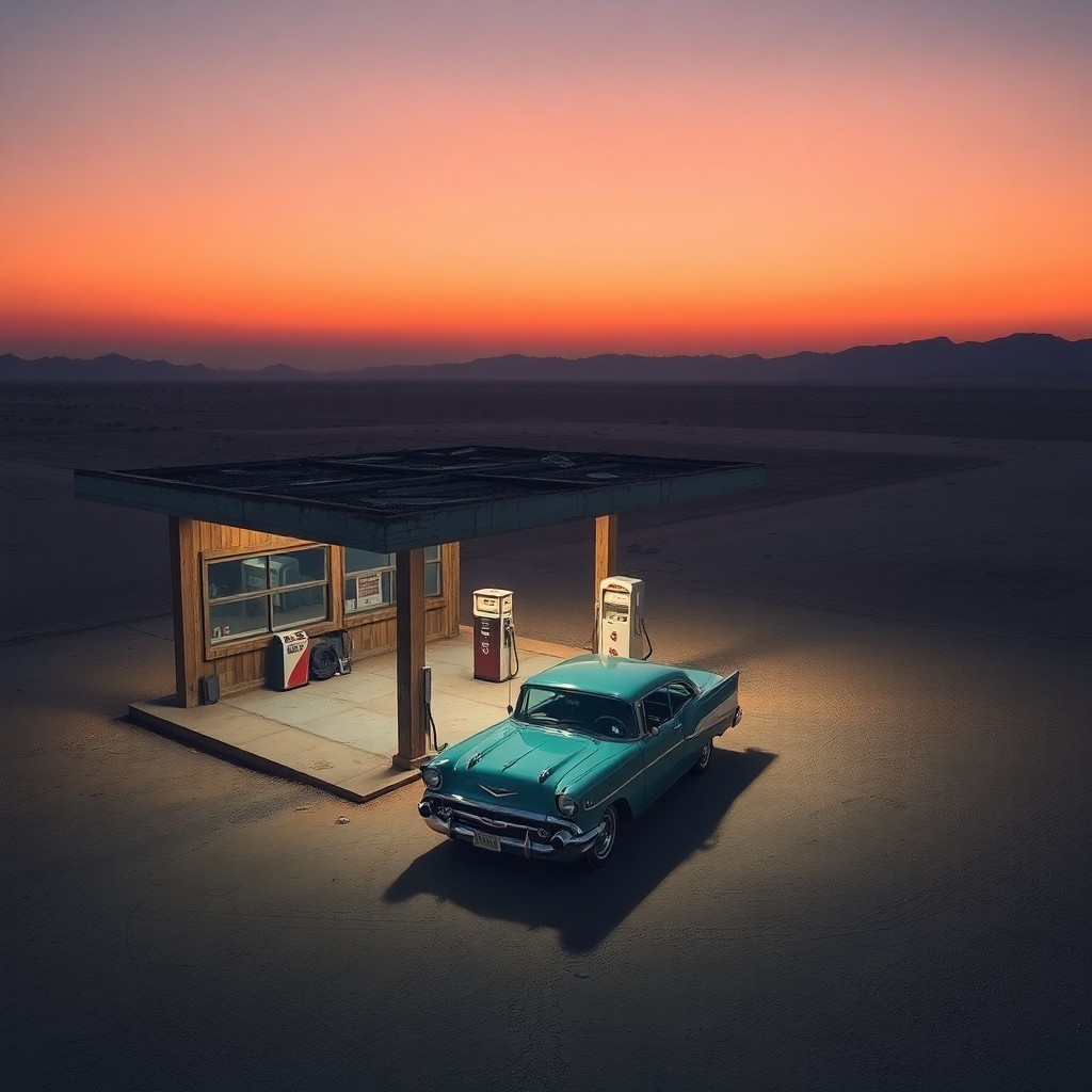 AI generated art for prompt: A melancholic desert landscape comes to life at twilight, capturing an abandoned gas station in a st