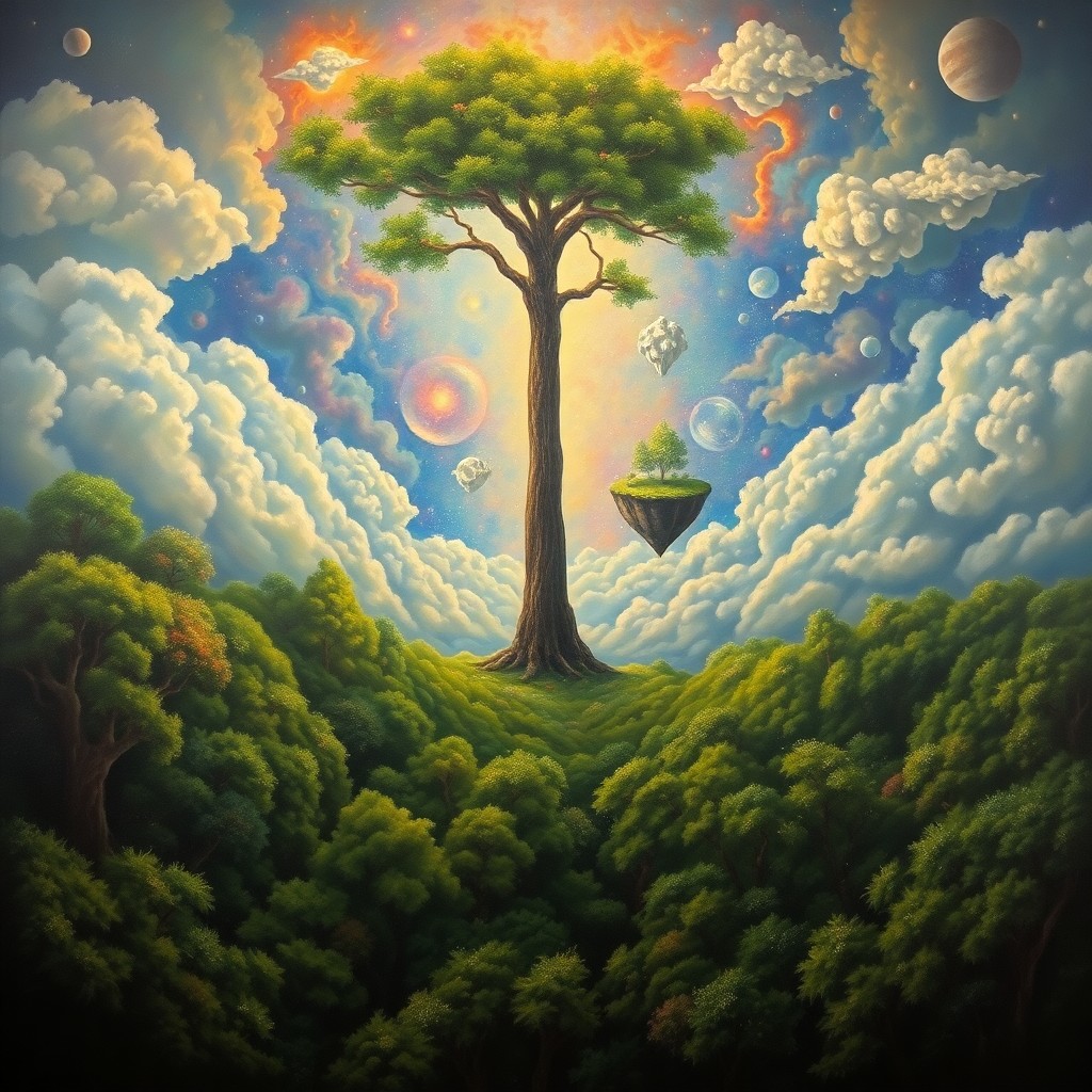 AI generated art for prompt: A surreal oil painting depicting a dreamlike landscape where an imposing tree reaches towards a nebu