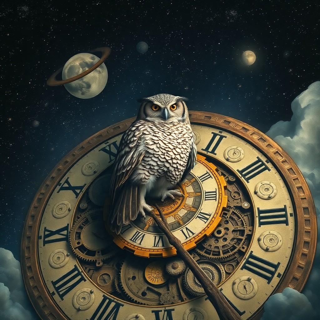 AI generated art for prompt: A portrait of an enigmatic wise owl rests in serene contemplation upon a surreal, abstract represent