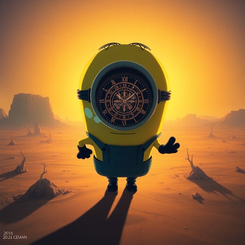 AI generated art for prompt: A surreal digital illustration captures a Minion character with an enlarged head containing an intri