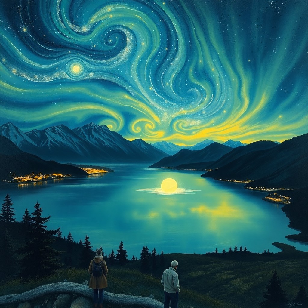 AI generated art for prompt: A dreamlike vista aglow with luminescent auroras showcases an artistic blend of Van Gogh's dynamic b