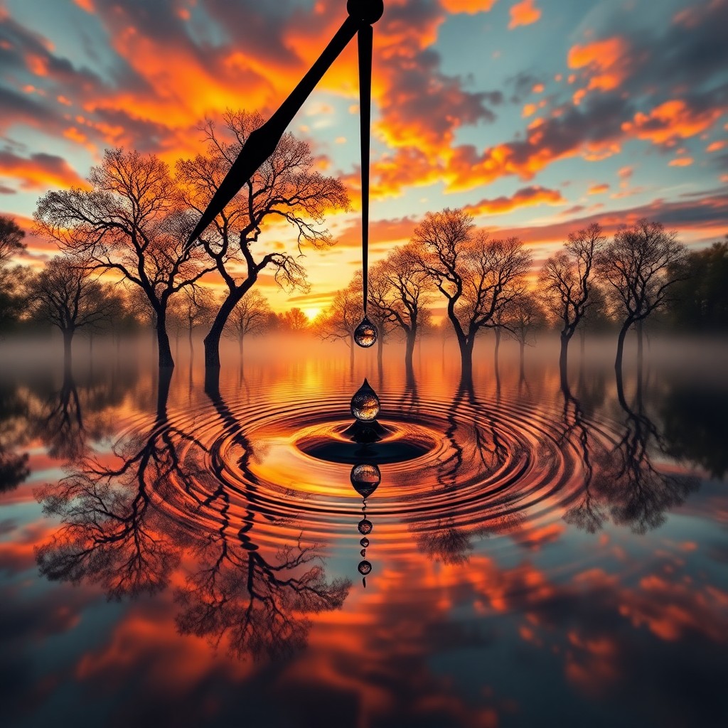 AI generated art for prompt: A surreal digital artwork depicting an ethereal pond reflecting an abstract landscape at sunset, wit