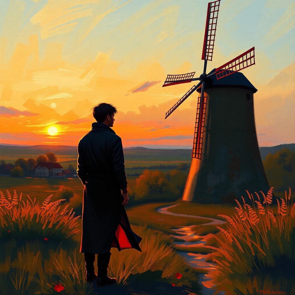 AI generated art for prompt: Compose an image showcasing a lone figure standing close to a windmill amidst a serene countryside a