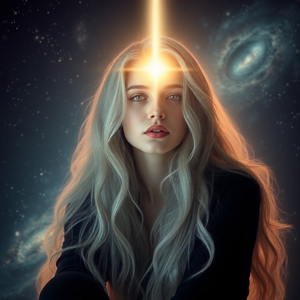 AI generated art for prompt: A celestial portrait bathed in dramatic chiaroscuro lighting, depicting an enigmatic woman with silv