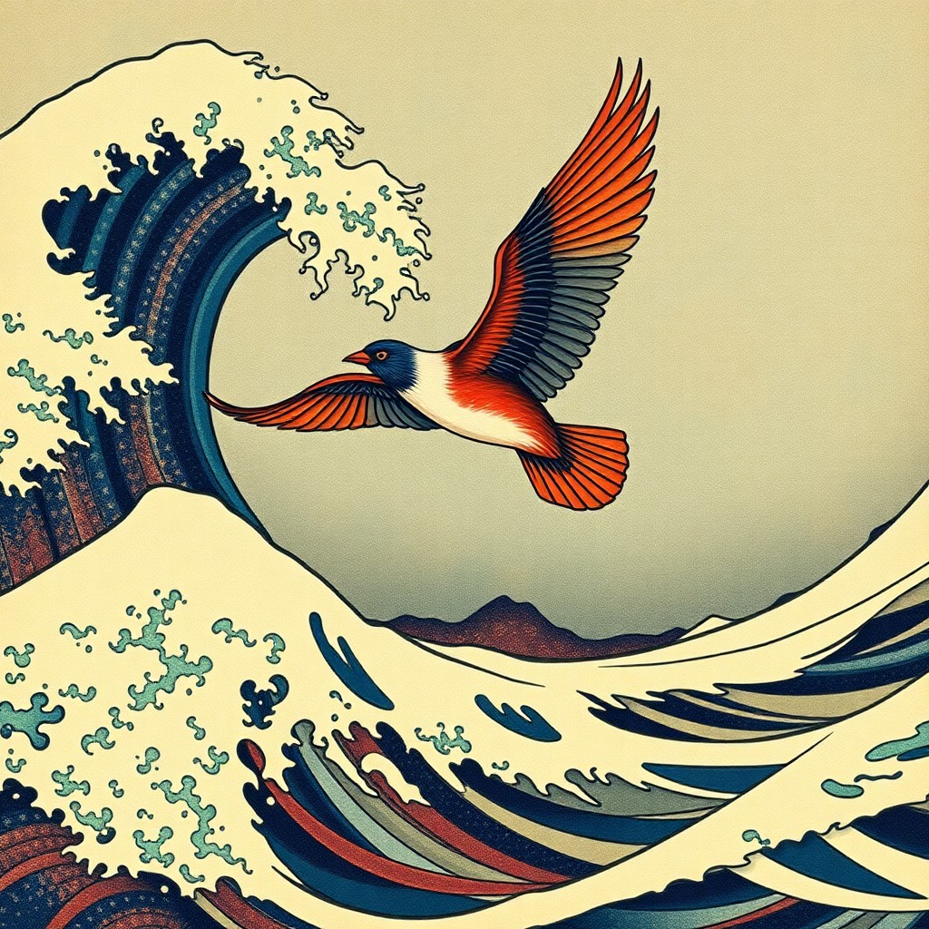 AI generated art for prompt: A majestic bird takes flight from the depths in the captivating style of Japanese ukiyo-e woodblock 