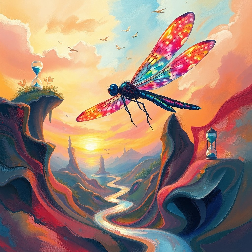 AI generated art for prompt: A whimsical yet surreal landscape unfolds from the vantage point of an iridescent dragonfly, navigat