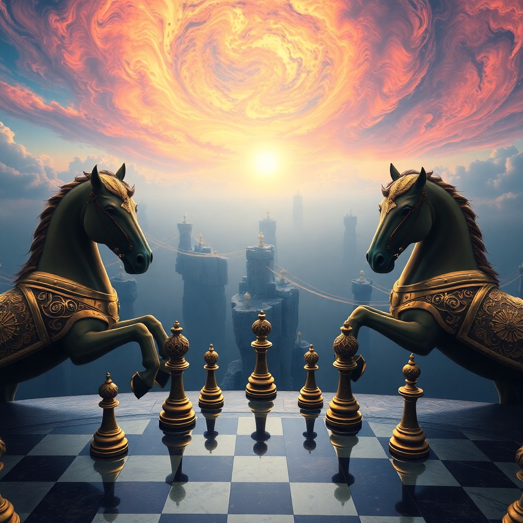 AI generated art for prompt: An enchanting digital artwork unfolds, depicting an extraordinary chess battle between two regal equ